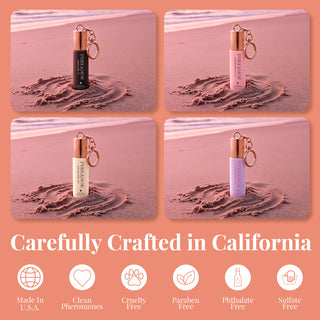 Pheromone Perfume for Women, Woody & Floral 4-Piece Keychain Set – Amber Noir, Saffron Rouge, Balboa Rosa & Santal Luxe, 30% High Conc, Long Lasting Roll-On, 0.2 oz / 6 ml Each