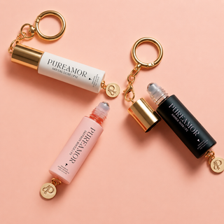 Pheromone Perfume for Women, Woody & Floral 4-Piece Keychain Set – Amber Noir, Saffron Rouge, Balboa Rosa & Santal Luxe, 30% High Conc, Long Lasting Roll-On, 0.2 oz / 6 ml Each