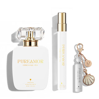 PUREAMOR perfume set with a perfume bottle, travel spray, and keychain on a white background