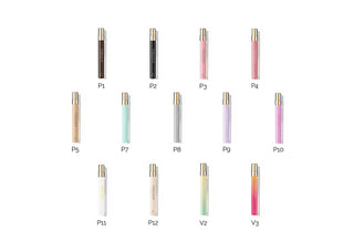 Set of 10 12ml colorful travel spray products on a white background