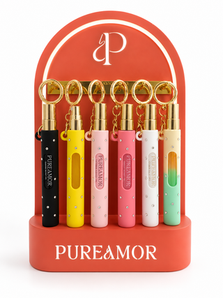 Summer New Product (Shipment on 8/10/26) PUREAMOR Diamond Perfume Set — 6 × 12ml Refillable Travel Sprays with LED Display Stand & Keychain