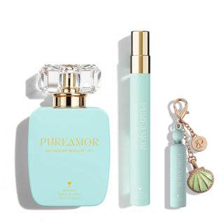 Set of light blue perfume kit with perfume bottle, travel spray, and keychain which has 'PUREAMOR' branding on a white background