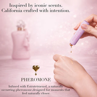 Hand holding a purple bottle with dropper, text about iconic scents and pheromones on a pink background