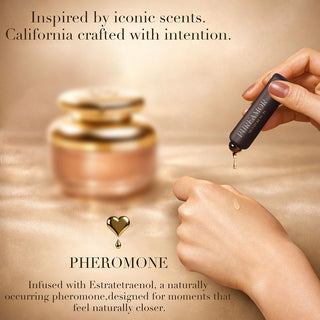 Hand holding a dropper with a product labeled 'Pheromone' on a gold background.