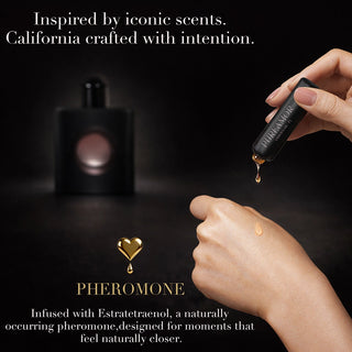 2ml keychain with dropper being used on a dark background, featuring text about iconic scents and intention.