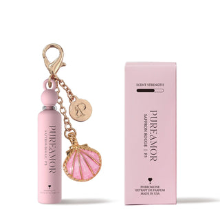 PureAmor Saffron Rouge 2ml keychain with shell charm and packaging on a white background