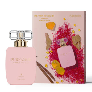 PureAmor Saffron Rouge pheromone 30 ml perfume bottle displayed beside illustrated packaging featuring saffron-inspired artwork.