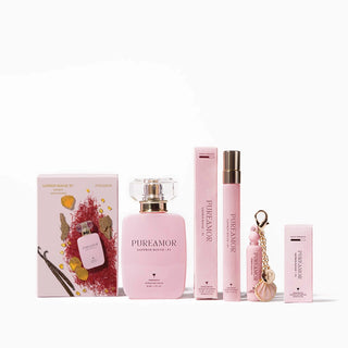 PureAmor Saffron Rouge fragrance set featuring bottle, travel spray, and keychain with packaging on a clean background.