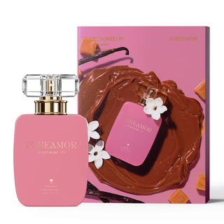Pink 30ml perfume bottle with gold cap and white flowers on a chocolate background, featuring the brand 'PUREAMOR'.