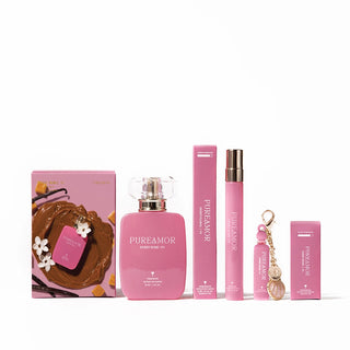 Pink perfume set with 'PUREAMOR' branding on a white background