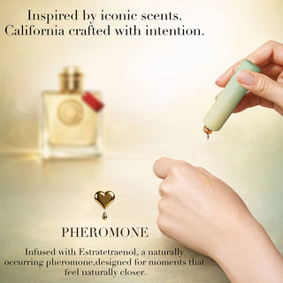 Perfume bottle with dropper and text about Pheromone product inspired by iconic scents.