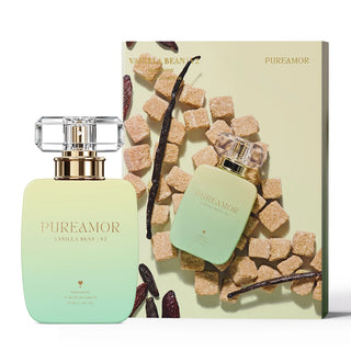PUREAMOR vanilla bean 30ml perfume bottle and packaging on a white background