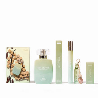Set of perfume bottles and packaging with 'PUREAMOR' branding on a white background