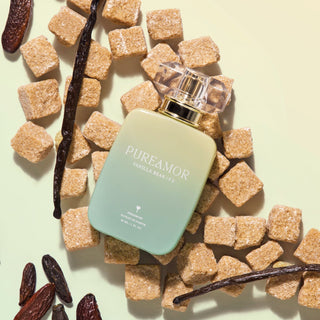 PureAmor Vanilla Bean perfume 30ml perfume bottle with pheromone spray, evoking a sweet, warm scent with hints of vanilla and caramel