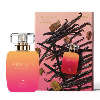 gradient 30ml perfume bottle with a pink and gold design, and a box featuring vanilla beans on a white background.