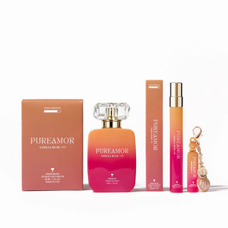 PUREAMOR perfume set with perfume bottle, travel spray, and keychain on a white background