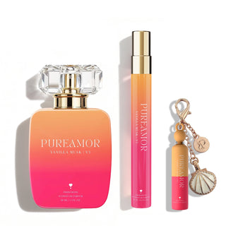 Set of PureAmor perfume bottles and a keychain on a white background
