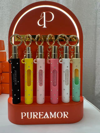 Summer New Product (Shipment on 8/10/26) PUREAMOR Diamond Perfume Set — 6 × 12ml Refillable Travel Sprays with LED Display Stand & Keychain