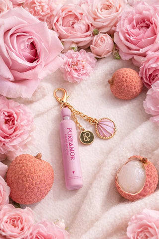 PureAmor Balboa Rosa 2ml keychain styled with roses and lychee fruit, offering a chic, portable way to enjoy fragrance.