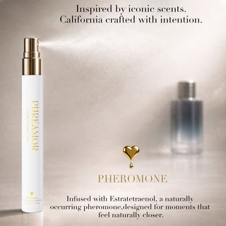 Citrus Scent pheromone 12ml travel spray perfume being sprayed, with a blurred bottle in the background