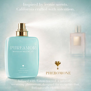 PureAmor Moonlight Mellow pheromone 30 ml perfume bottle spraying fine mist, inspired by California scenes and crafted with intention.
