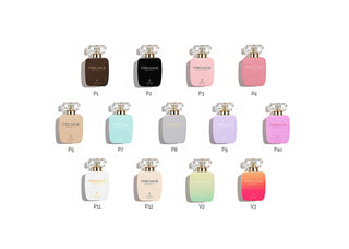Collection of perfume bottles in various colors on a white background