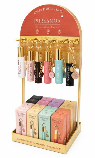 Summer New Product (Shipment on 7/10/26) PUREAMOR  Keychain Perfume Set — 6 Signature Scents (2ml) with Iron Countertop Display