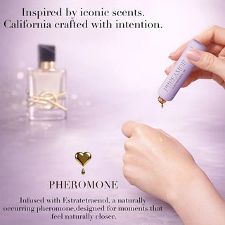 Hand holding a purple Pheromone product with text about iconic scents and intention.