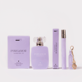 Lavanda Vida 'PUREAMOR' perfume set with perfume bottle, travel spray, and keychain on a white background