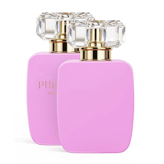 Two pink 30ml perfume bottles with gold caps on a white background