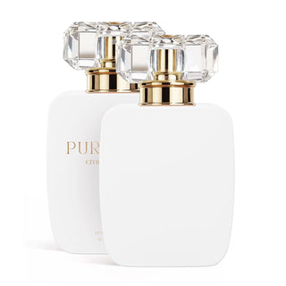 Two white 30ml perfume bottles with gold caps on a white background