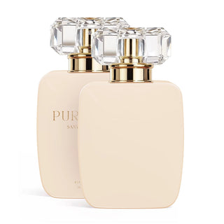 Two beige 30ml perfume bottles with gold caps on a white background