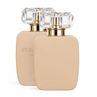 Two beige 30ml perfume bottles with gold caps on a white background