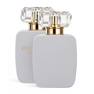 Two gray 30ml perfume bottles with gold caps on a white background