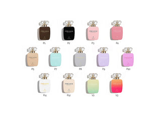 Collection of 30ml perfume bottles in various colors on a white background
