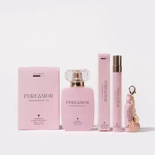 Saffron Rouge 'PUREAMOR' perfume set with various products on a white background
