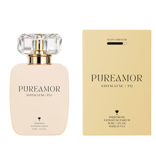 PureAmor Santal Luxe pheromone perfume 30 ml bottle shown with branded box, highlighting a smooth, neutral woody fragrance.