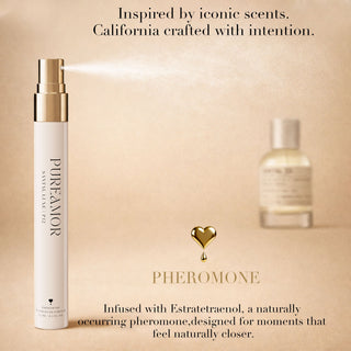 PureAmor Santal Luxe pheromone 12ml travel spray mist, infused with Estratetraenol for creating naturally close moments.