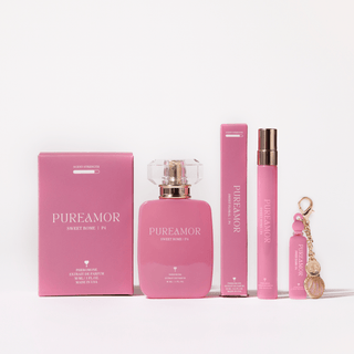 PUREAMOR Sweet Rome perfume set with bottle, travel spray, and keychain on a white background