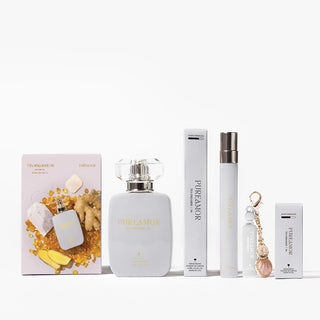 Collection of Purseminor perfume and skincare products on a white background
