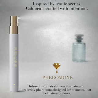 PureAmor Tea Dreamer 12ml travel spray labeled 'PURE AMOUR' with text about pheromones on a gray background