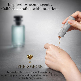 Hand holding a Pheromone dropper with text about iconic scents and intention.