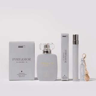 PureAmor Tea Dreamer perfume set with perfume bottle, travel spray, and keychain, infused with ginger, amber, and tea notes for a cozy fragrance."