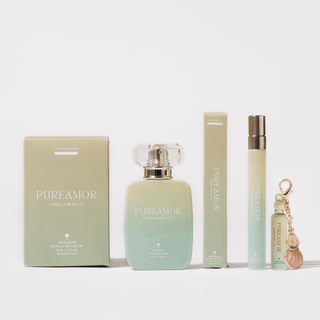 PUREAMOR perfume set with perfume bottle, travel spray, and keychain on a white background