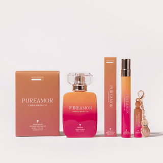 Pureamor Vanilla Musk perfume set on a white background including the 30ml, 12ml, and 2ml sizes with their packaging.
